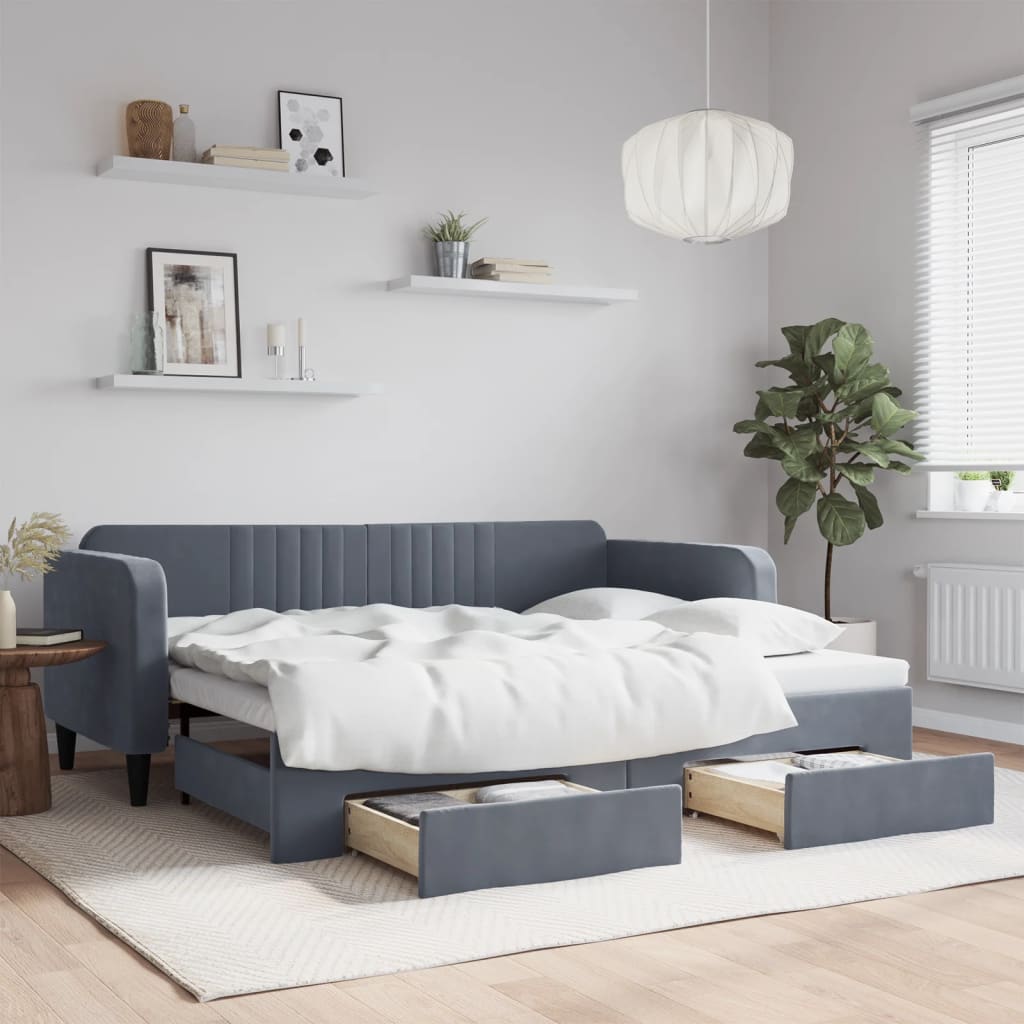 vidaXL Sofa rozsuwana z szufladami, ciemnoszara, 90x200 cm, aksamit