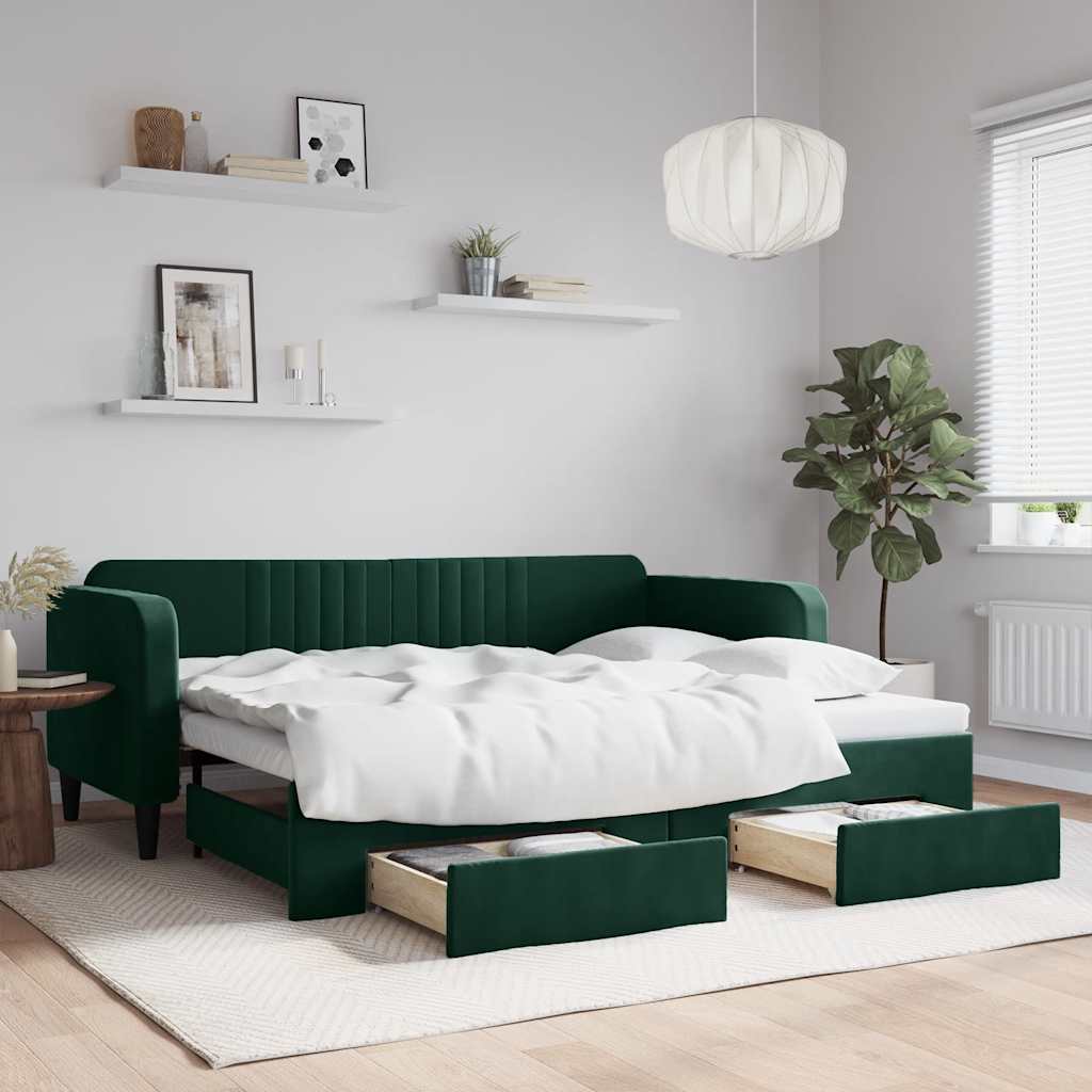 vidaXL Sofa rozsuwana z szufladami, ciemnozielona, 90x200 cm, aksamit