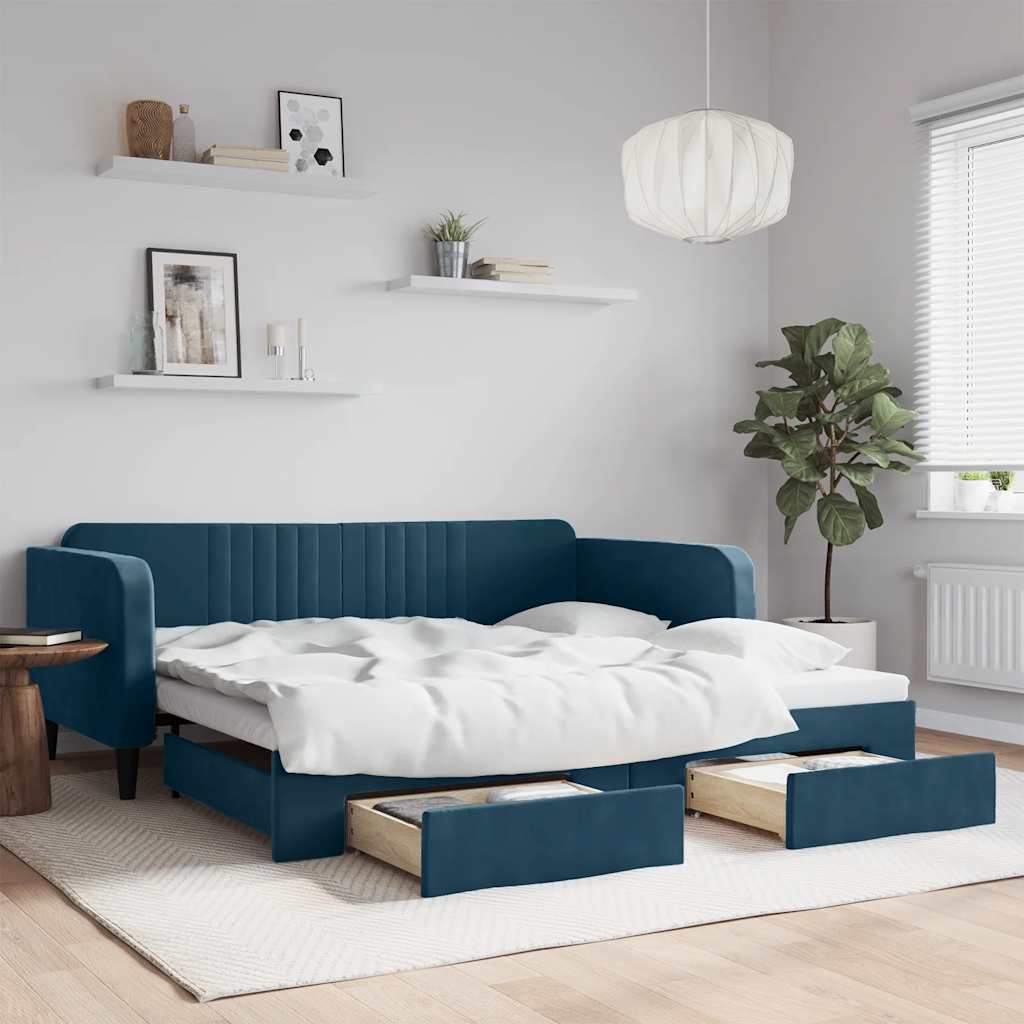 vidaXL Sofa rozsuwana z szufladami, niebieska, 100x200 cm, aksamit