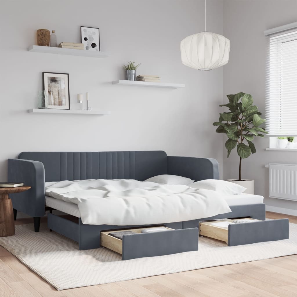 vidaXL Sofa rozsuwana z szufladami, ciemnoszara, 100x200 cm, aksamit