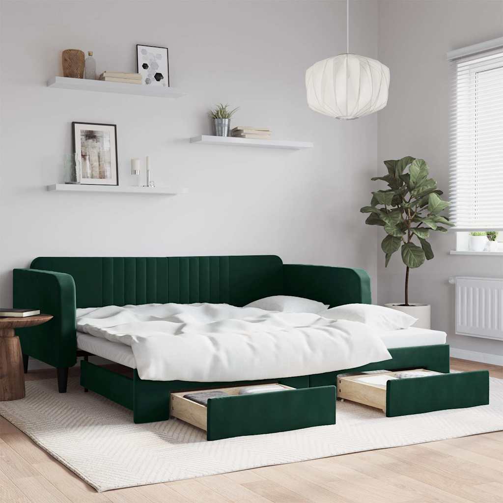 vidaXL Sofa rozsuwana z szufladami, ciemnozielona, 100x200 cm, aksamit