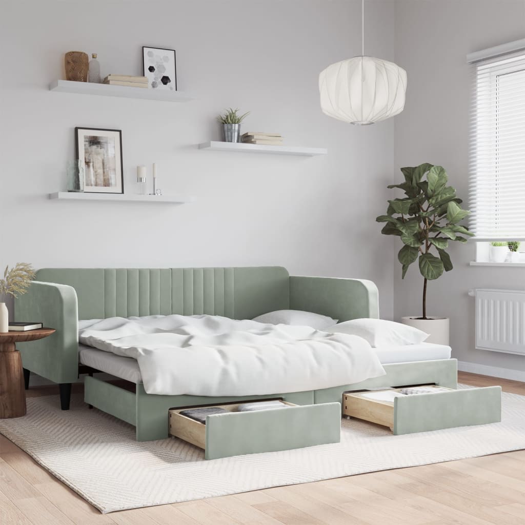 vidaXL Sofa rozsuwana z szufladami, jasnoszara, 90x190 cm, aksamit