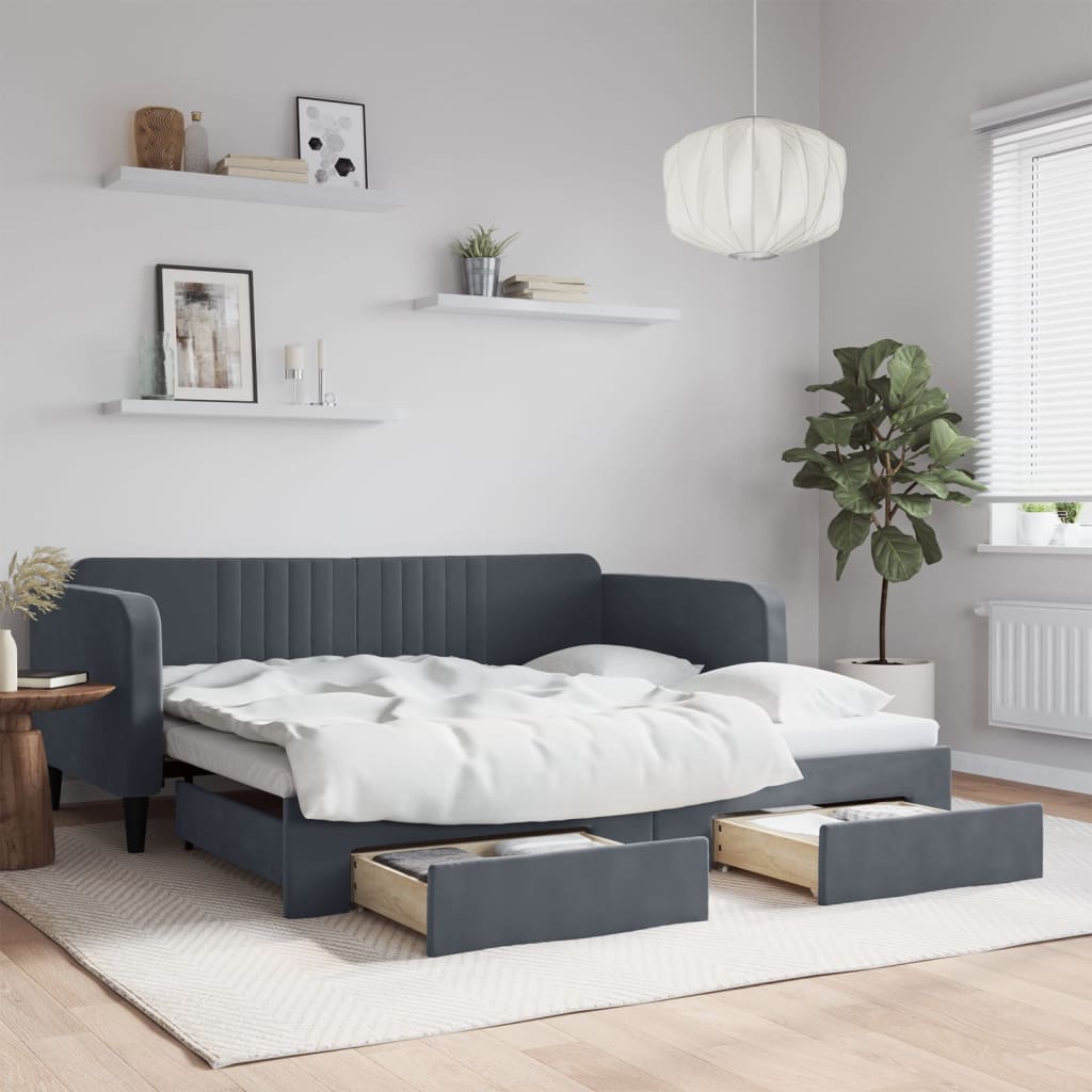 vidaXL Sofa rozsuwana z szufladami, ciemnoszara, 90x190 cm, aksamit