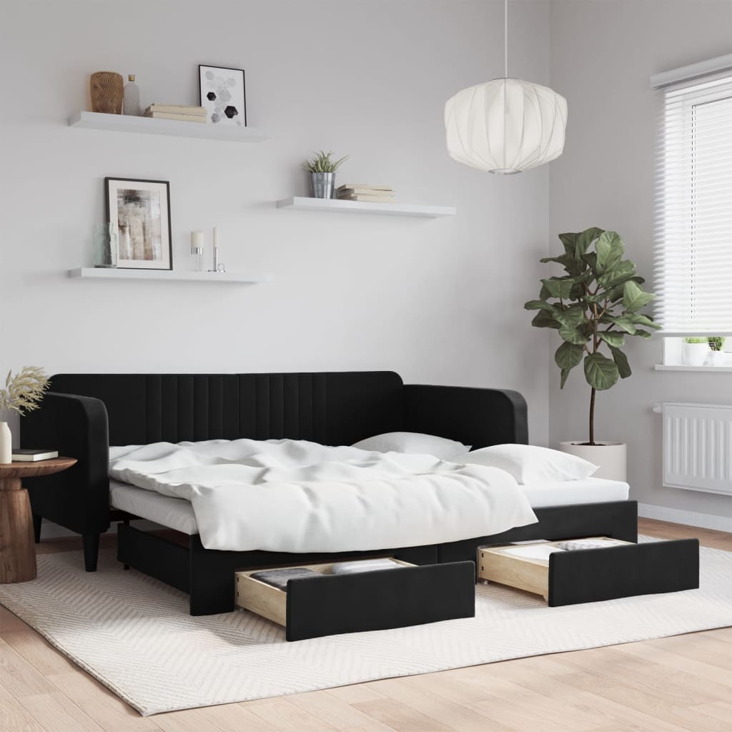 vidaXL Sofa rozsuwana z szufladami, czarna, 90x190 cm, aksamit