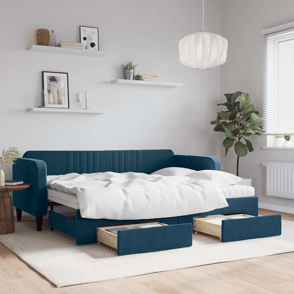 vidaXL Sofa rozsuwana z szufladami, niebieska, 80x200 cm, aksamit