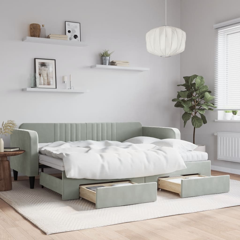 vidaXL Sofa rozsuwana z szufladami, jasnoszara, 80x200 cm, aksamit