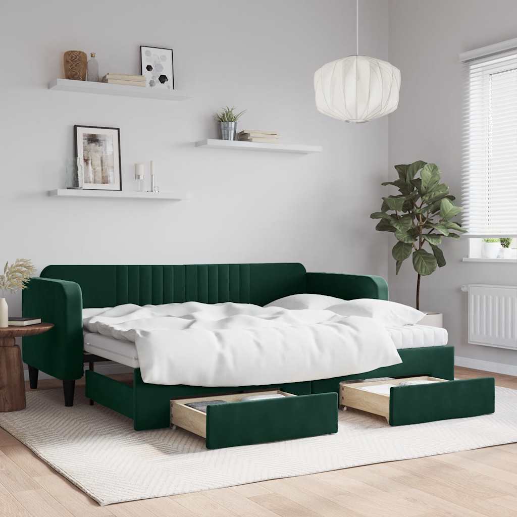vidaXL Sofa rozsuwana z szufladami, ciemnozielona, 80x200 cm, aksamit
