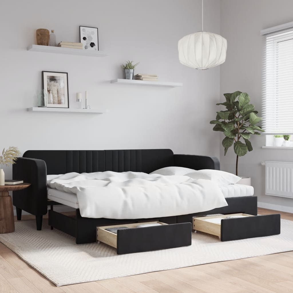 vidaXL Sofa rozsuwana z szufladami, czarna, 80x200 cm, aksamit