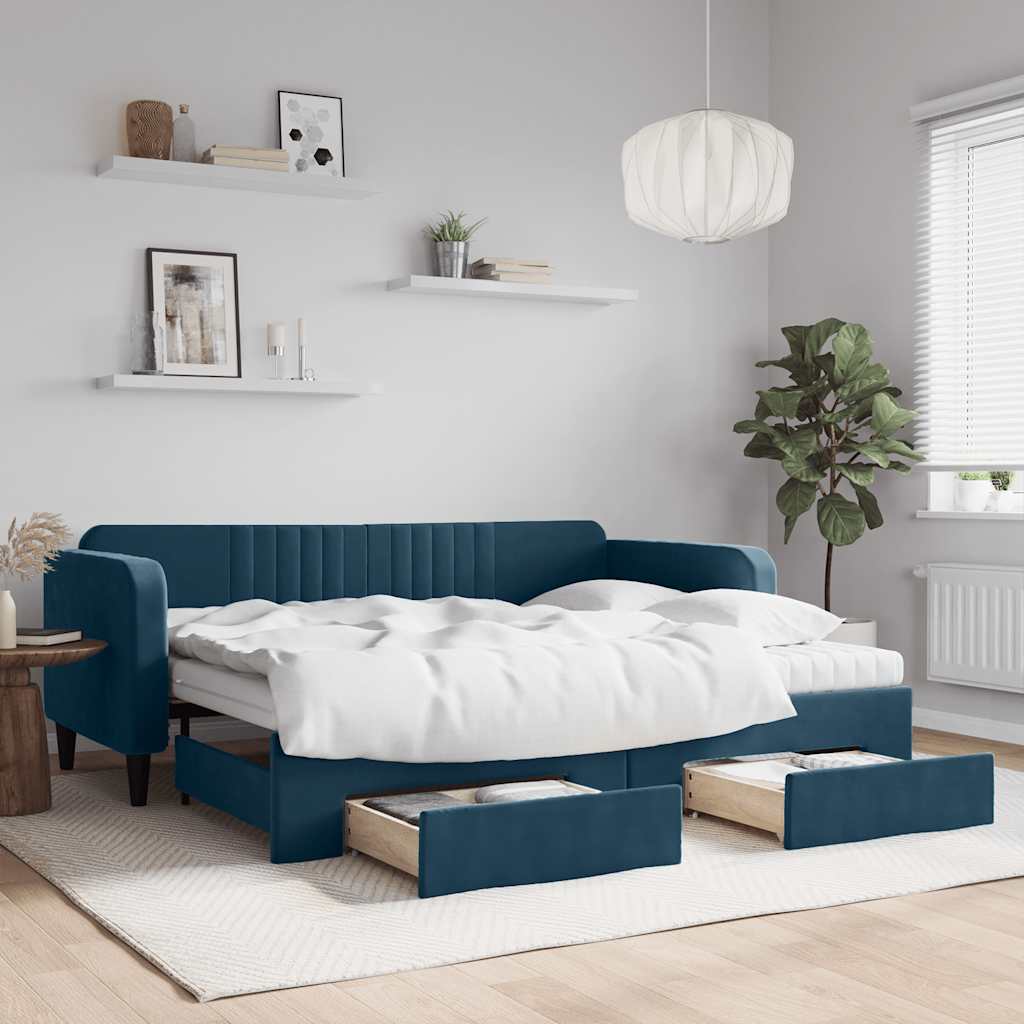 vidaXL Sofa rozsuwana z szufladami, niebieska, 90x200 cm, aksamit