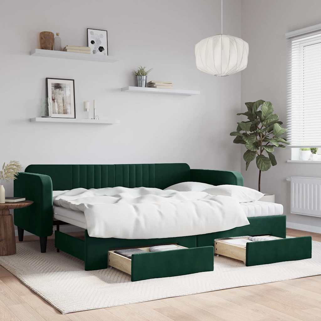 vidaXL Sofa rozsuwana z szufladami, ciemnozielona, 90x200 cm, aksamit