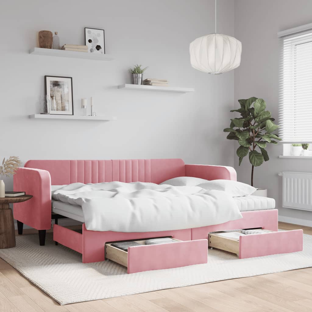 vidaXL Sofa rozsuwana z szufladami, różowa, 90x200 cm, aksamit