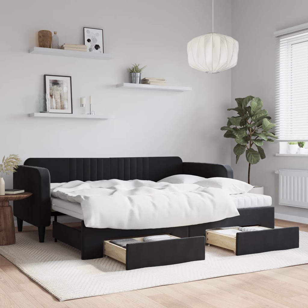 vidaXL Sofa rozsuwana z szufladami, czarna, 90x200 cm, aksamit