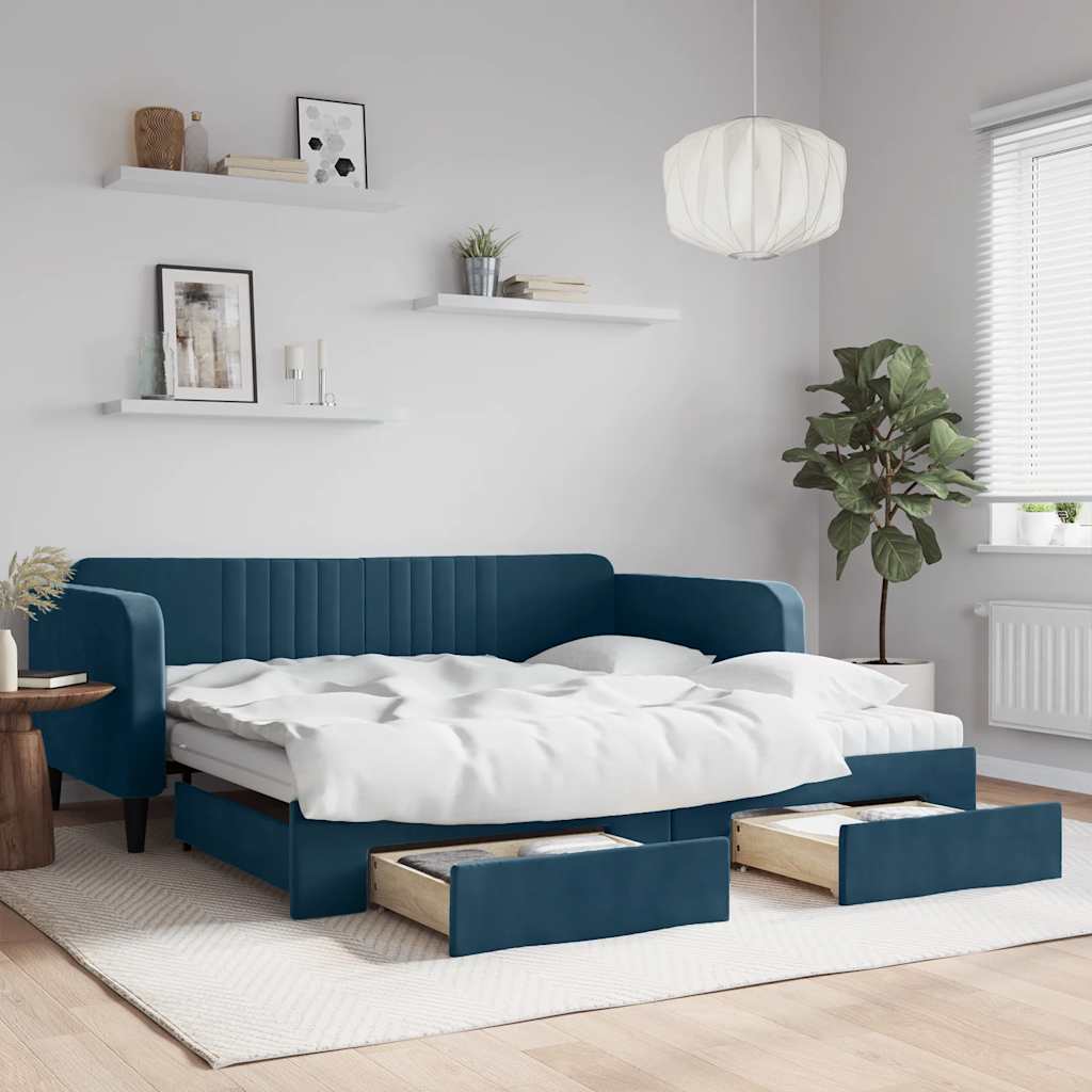 vidaXL Sofa rozsuwana z szufladami, niebieska, 100x200 cm, aksamit