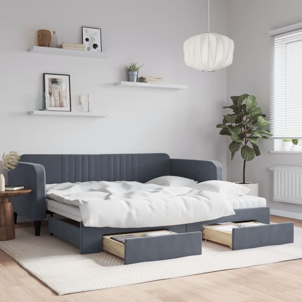 vidaXL Sofa rozsuwana z szufladami, ciemnoszara, 100x200 cm, aksamit