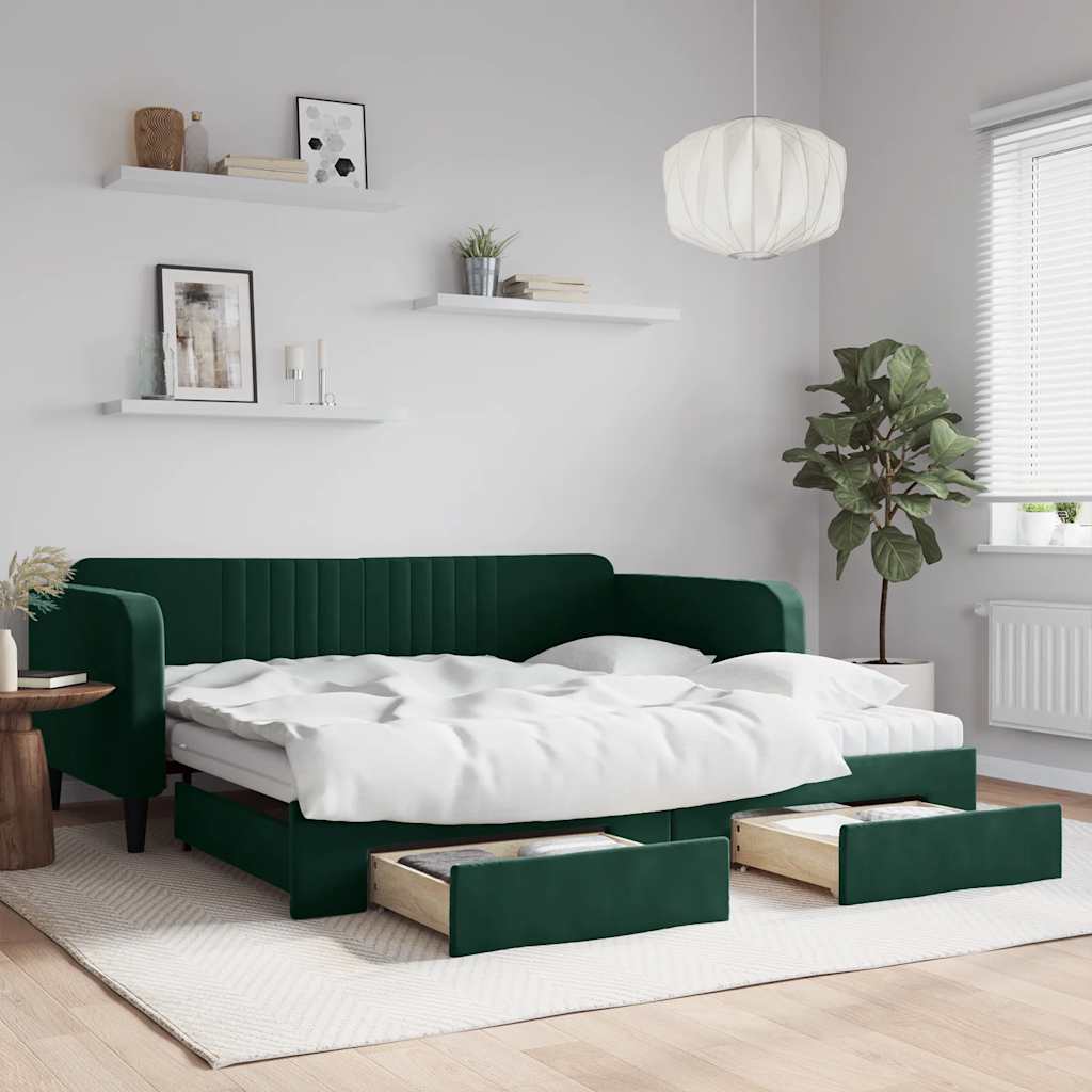 vidaXL Sofa rozsuwana z szufladami, ciemnozielona, 100x200 cm, aksamit