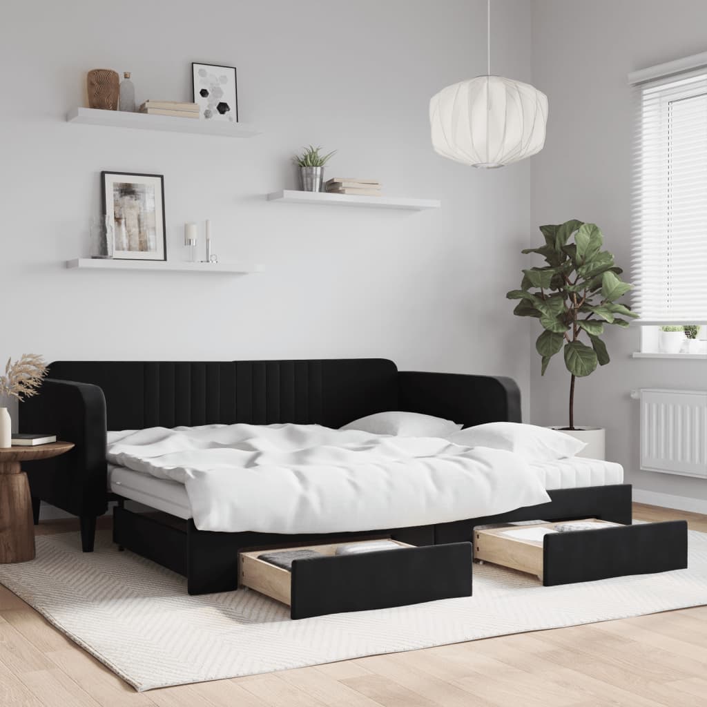 vidaXL Sofa rozsuwana z szufladami, czarna, 100x200 cm, aksamit