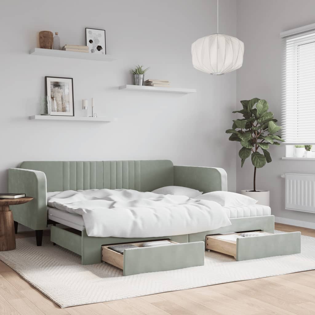 vidaXL Sofa rozsuwana z szufladami, jasnoszara, 90x190 cm, aksamit