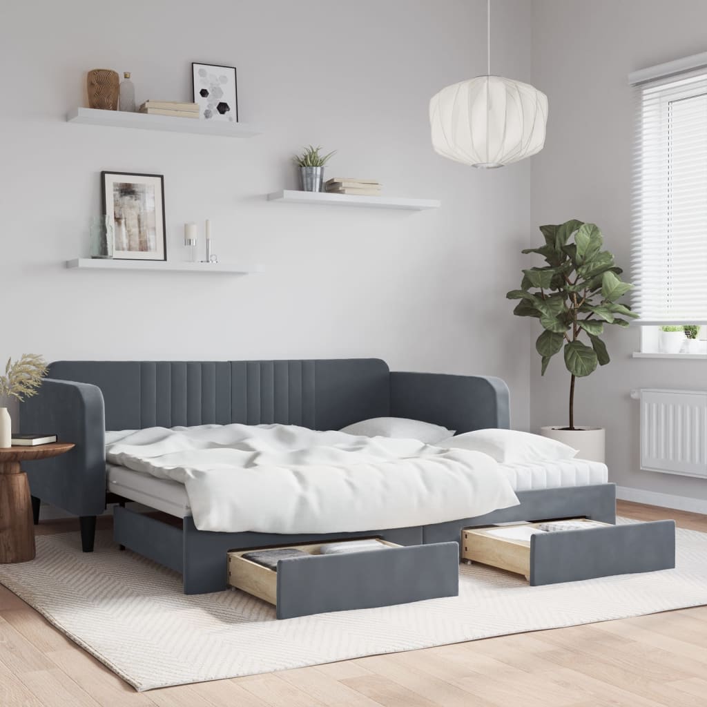 vidaXL Sofa rozsuwana z szufladami, ciemnoszara, 90x190 cm, aksamit