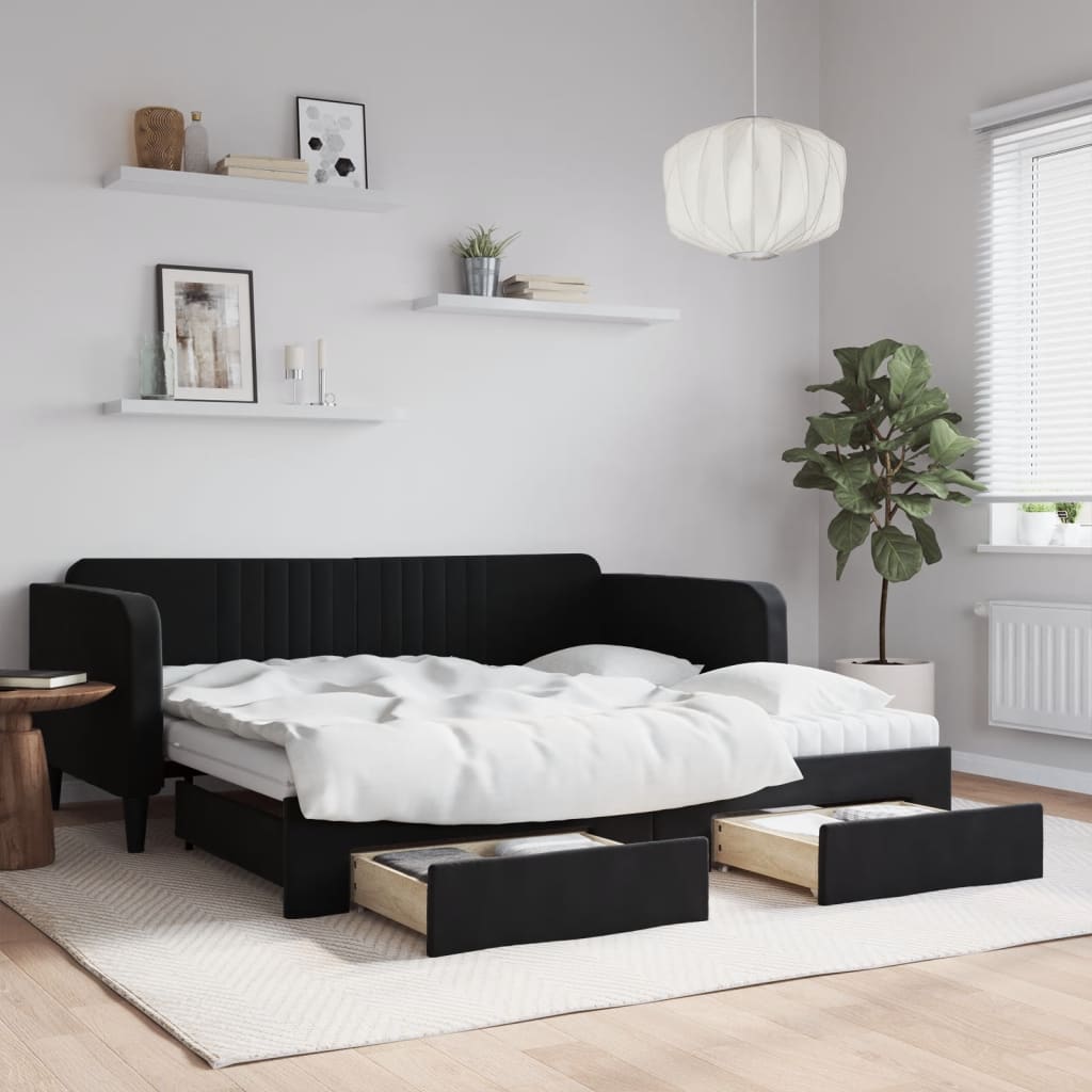 vidaXL Sofa rozsuwana z szufladami, czarna, 90x190 cm, aksamit