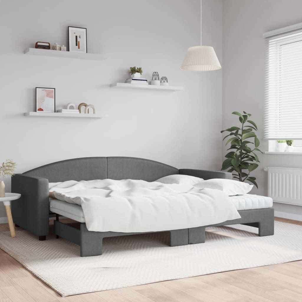 vidaXL Sofa rozsuwana z materacami, ciemnoszara, 90x200 cm, tkanina