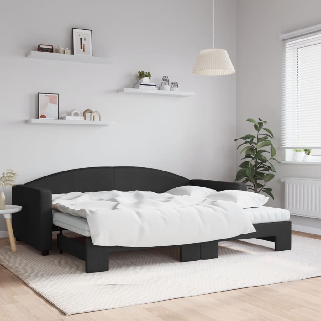 vidaXL Sofa rozsuwana z materacami, czarna, 90x200 cm, tkanina