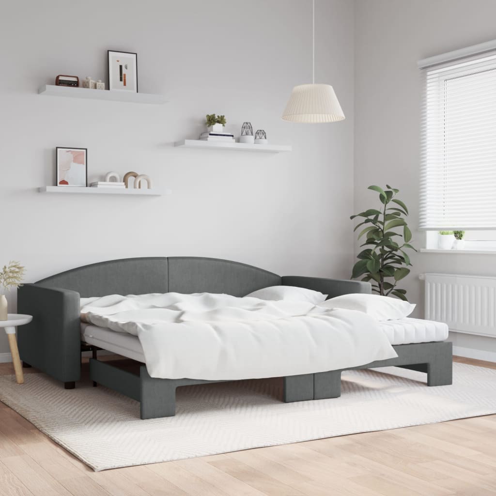 vidaXL Sofa rozsuwana z materacami, ciemnoszara, 100x200 cm, tkanina