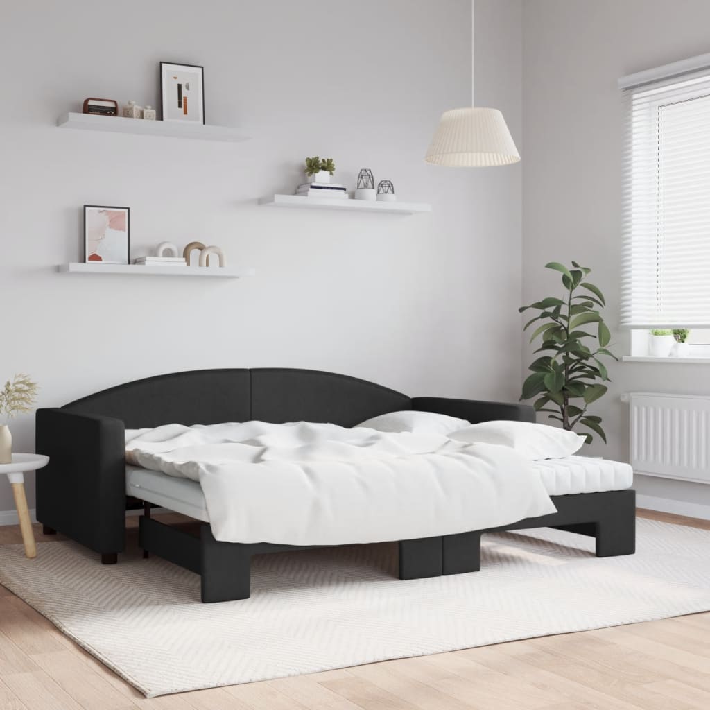 vidaXL Sofa rozsuwana z materacami, czarna, 90x190 cm, tkanina