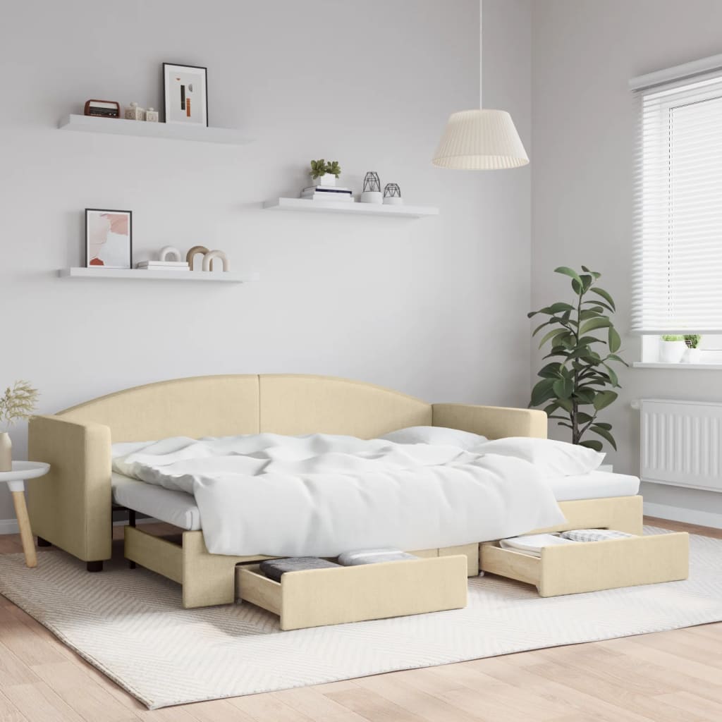 vidaXL Sofa rozsuwana z szufladami, kremowa, 80x200 cm, tkanina