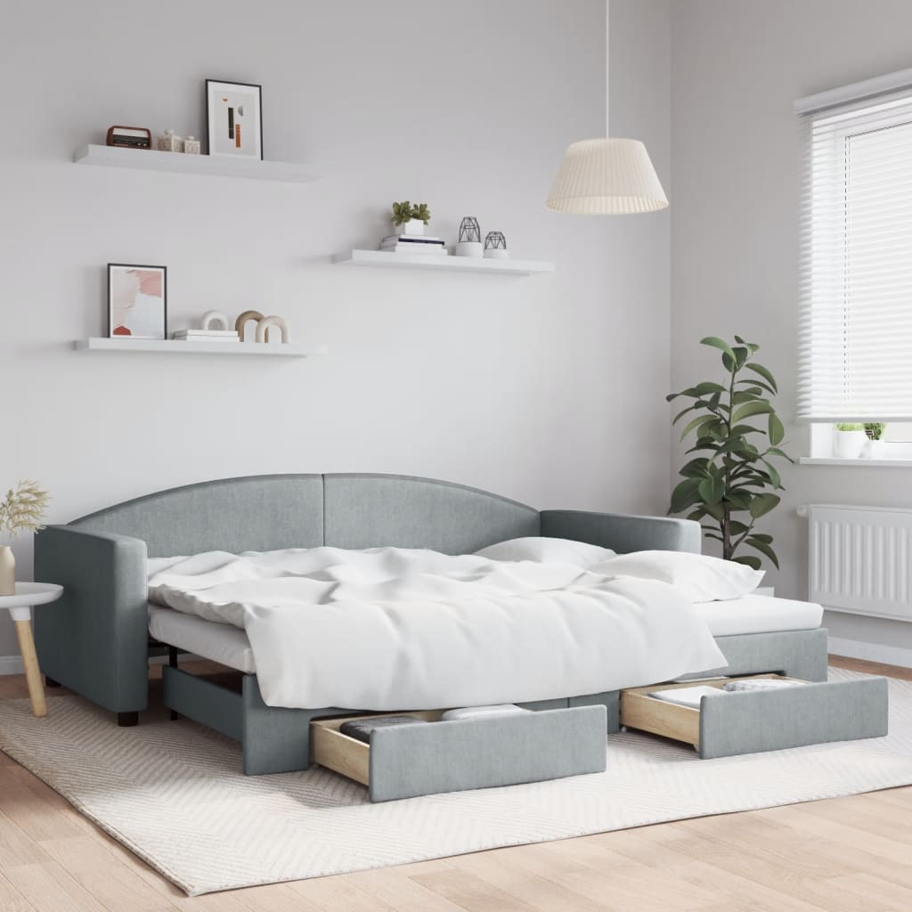 vidaXL Sofa rozsuwana z szufladami, jasnoszara, 90x200 cm, tkanina