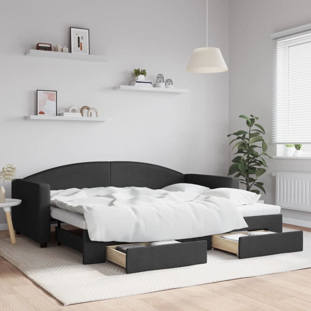 vidaXL Sofa rozsuwana z szufladami, czarna, 90x200 cm, tkanina
