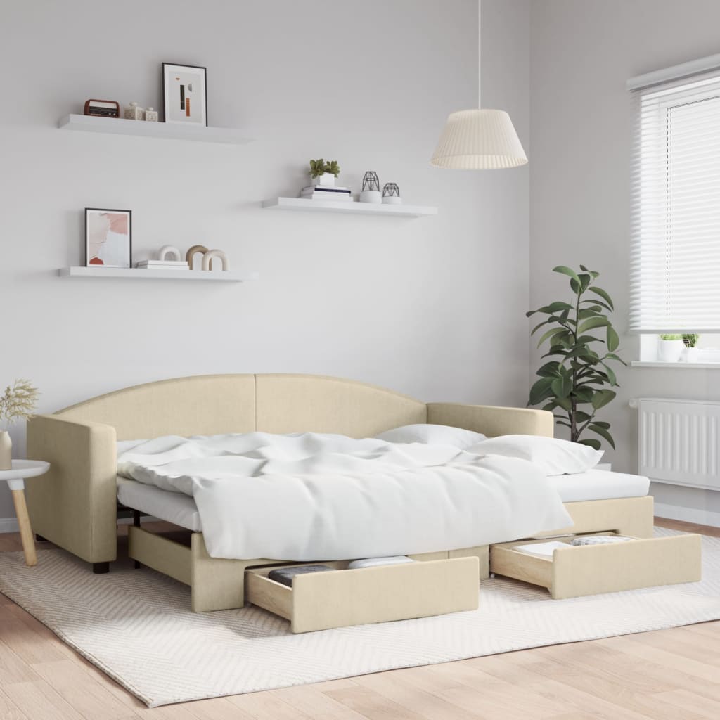 vidaXL Sofa rozsuwana z szufladami, kremowa, 90x200 cm, tkanina