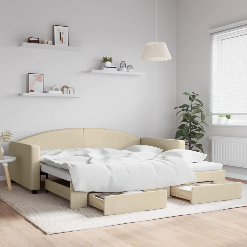vidaXL Sofa rozsuwana z szufladami, kremowa, 100x200 cm, tkanina