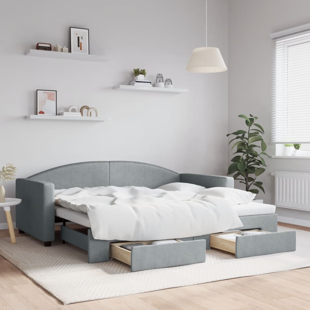vidaXL Sofa rozsuwana z szufladami, jasnoszara, 90x190 cm, tkanina