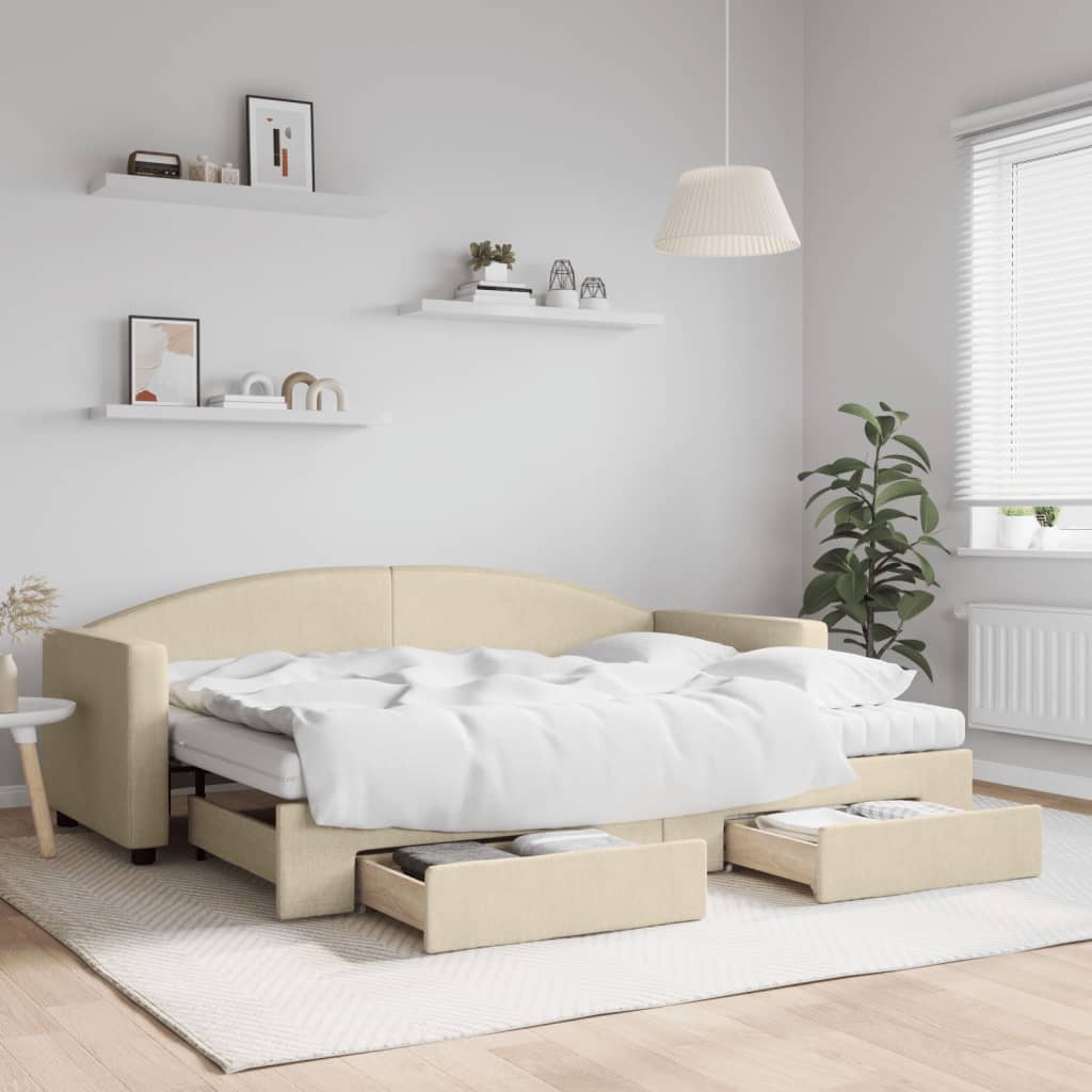 vidaXL Sofa rozsuwana z szufladami, kremowa, 80x200 cm, tkanina