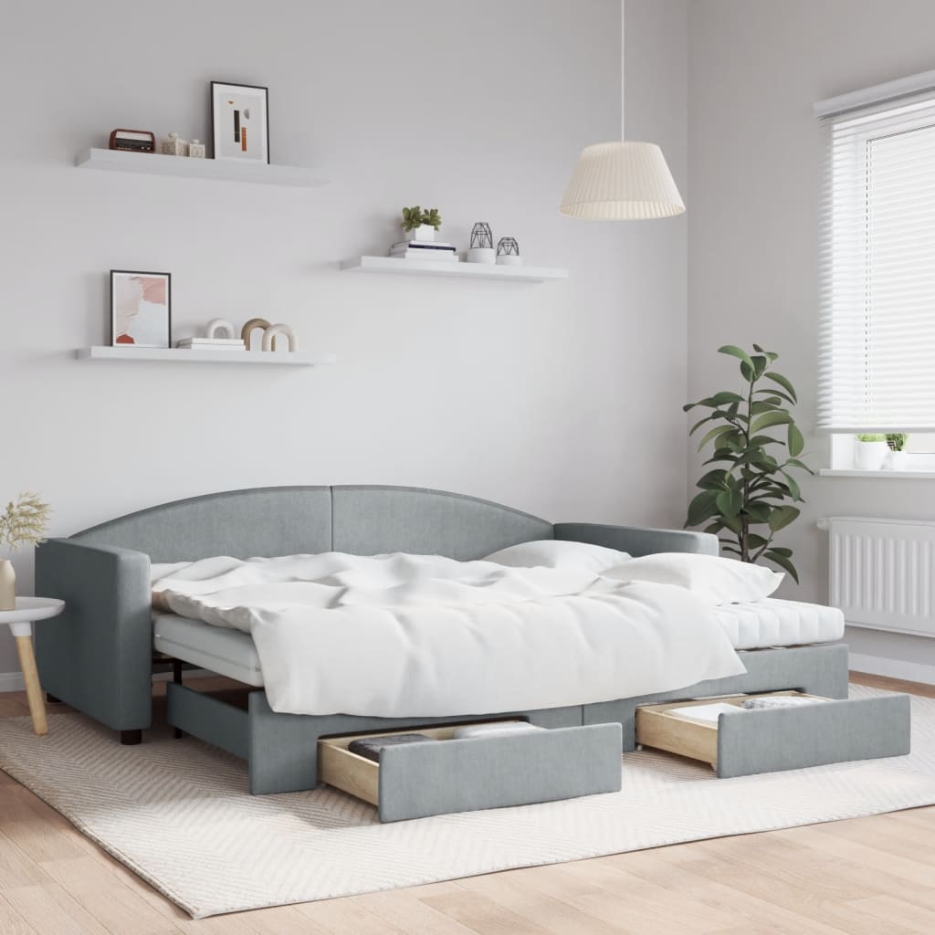 vidaXL Sofa rozsuwana z szufladami, jasnoszara, 90x200 cm, tkanina