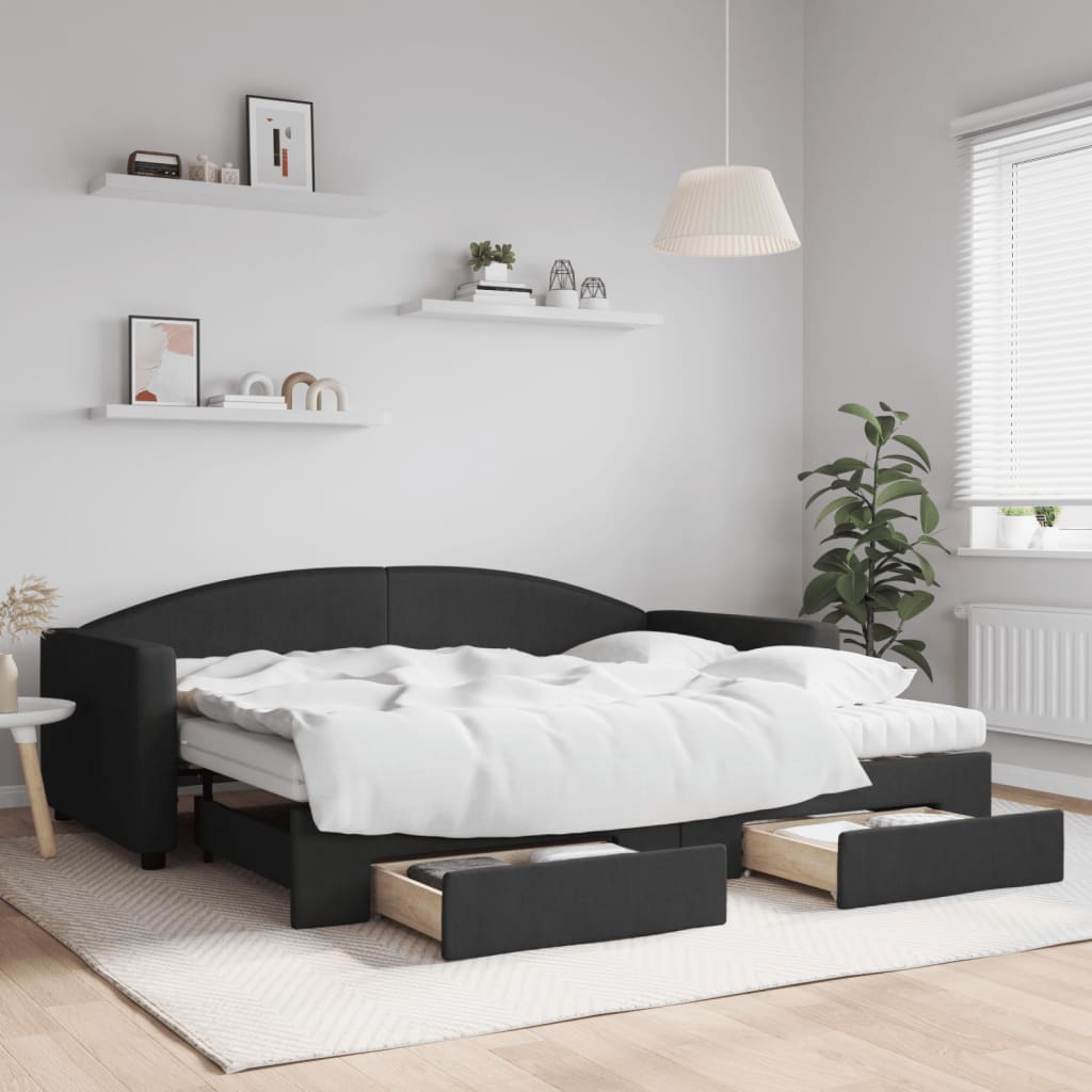 vidaXL Sofa rozsuwana z szufladami, czarna, 90x200 cm, tkanina