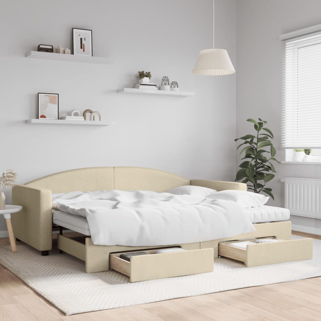 vidaXL Sofa rozsuwana z szufladami, kremowa, 90x200 cm, tkanina