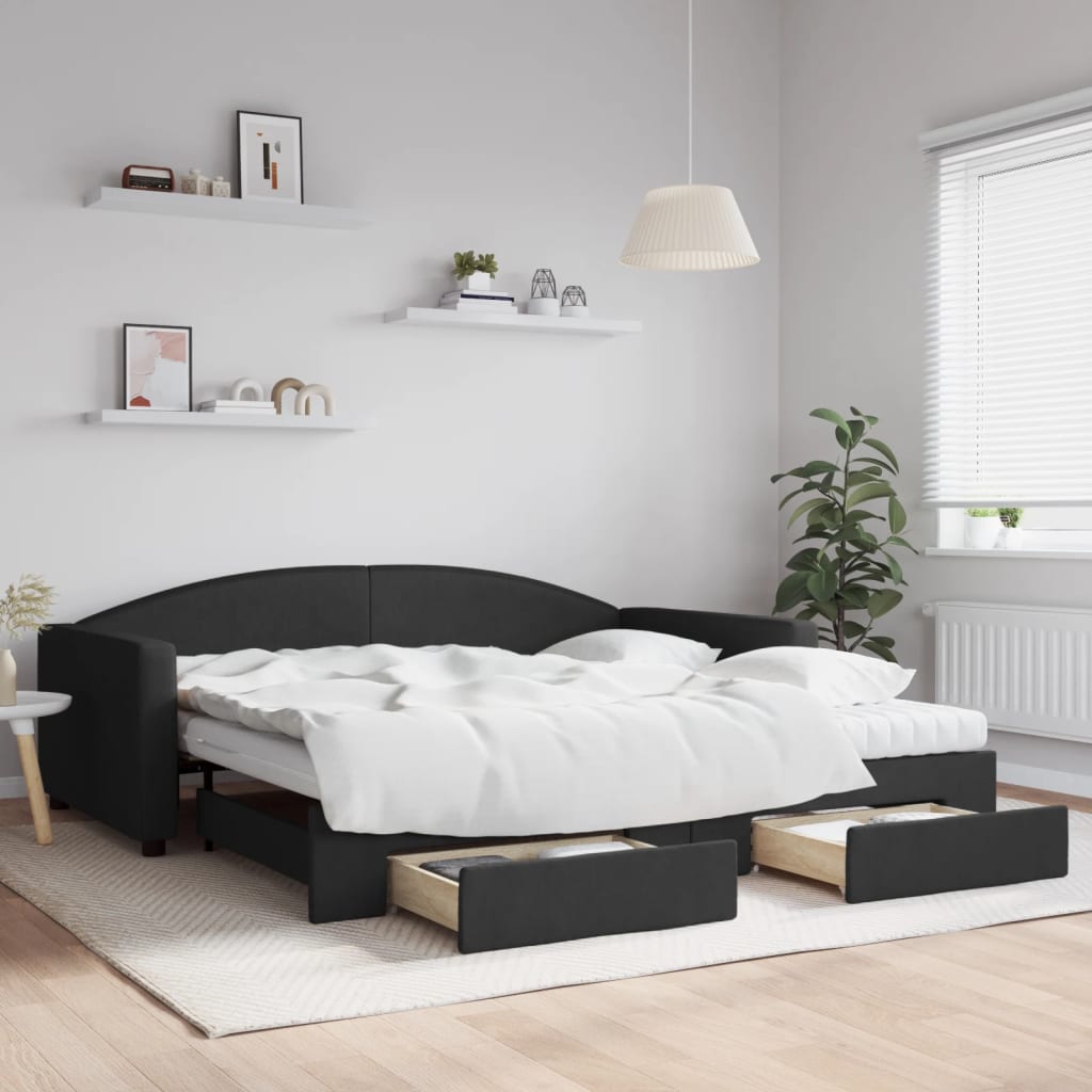 vidaXL Sofa rozsuwana z szufladami, czarna, 100x200 cm, tkanina