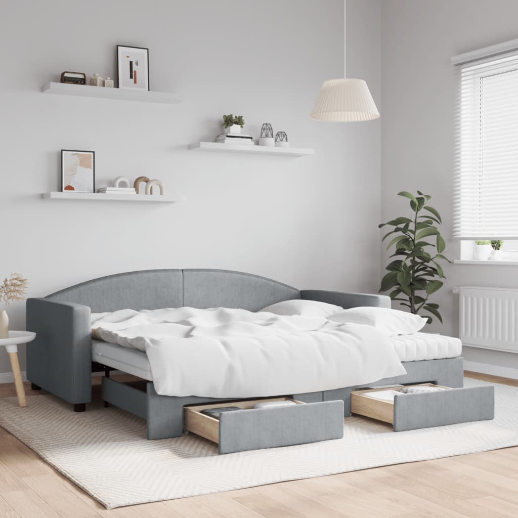 vidaXL Sofa rozsuwana z szufladami, jasnoszara, 90x190 cm, tkanina