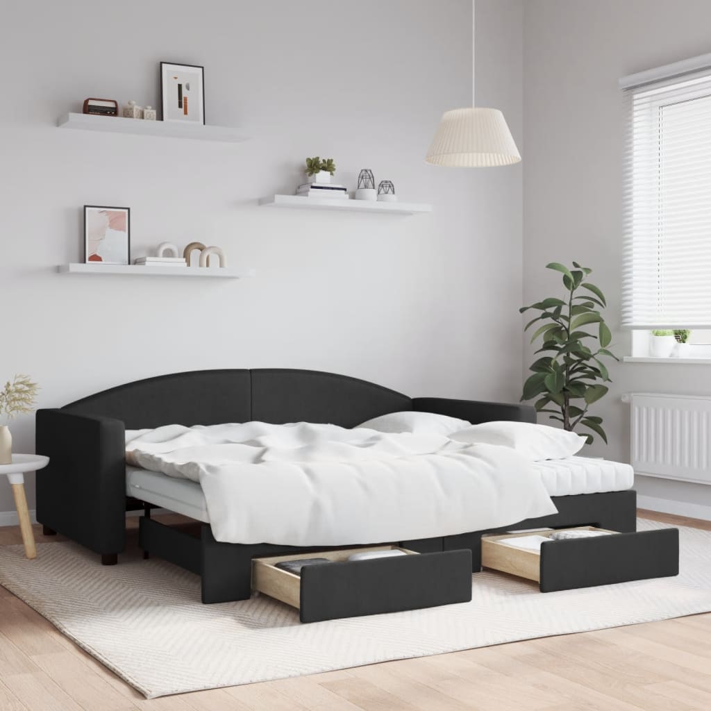 vidaXL Sofa rozsuwana z szufladami, czarna, 90x190 cm, tkanina