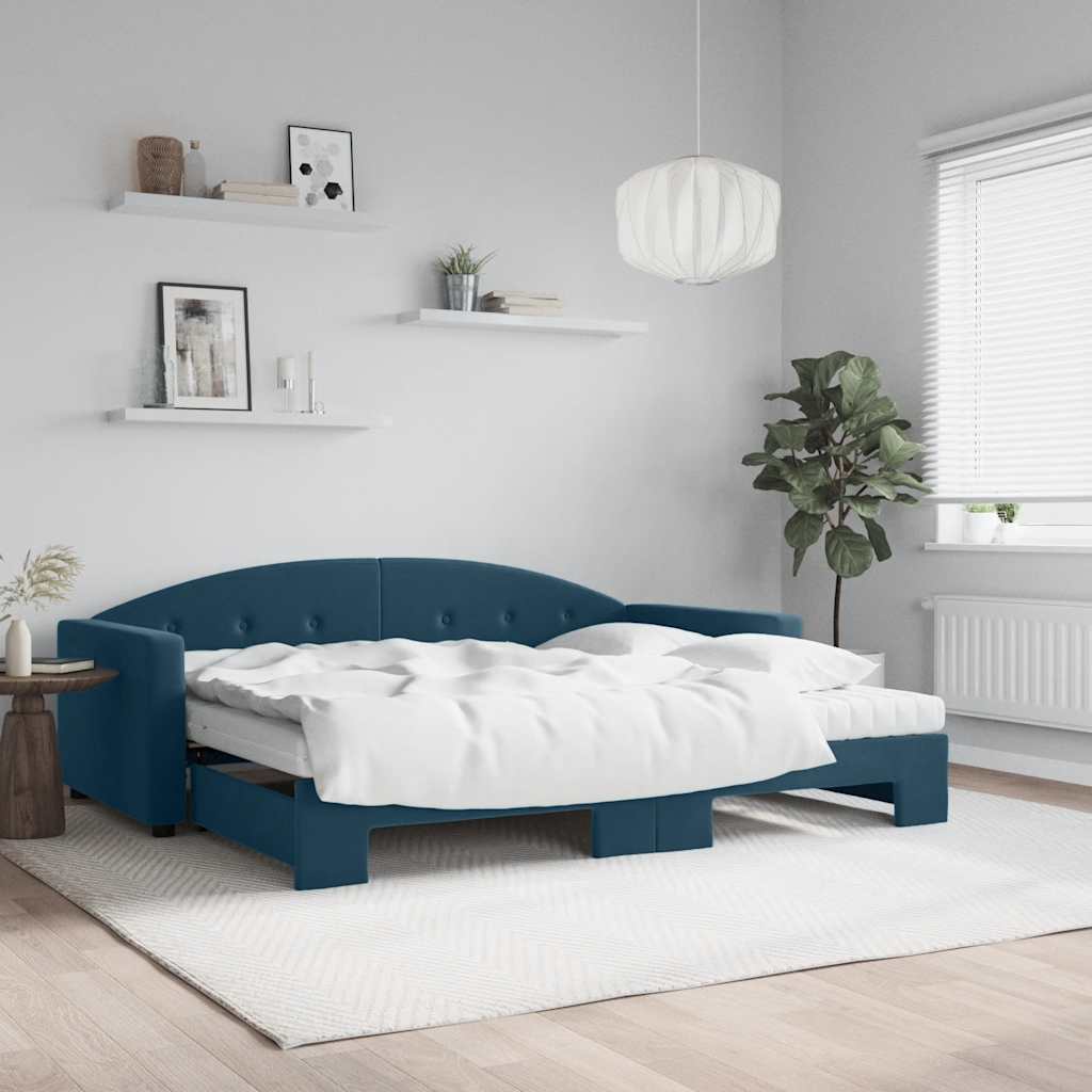 vidaXL Sofa rozsuwana z materacami, niebieska, 90x200 cm, aksamit