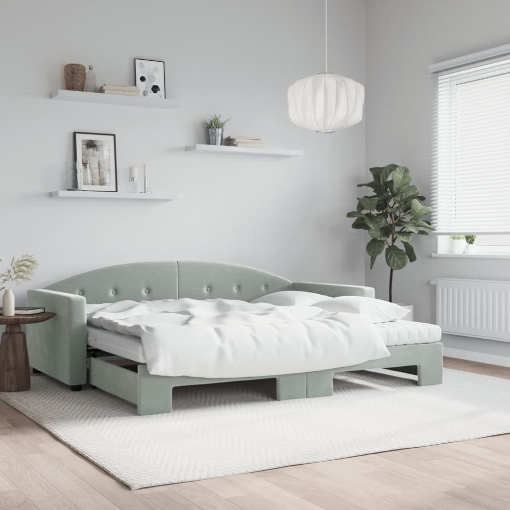 vidaXL Sofa rozsuwana z materacami, jasnoszara, 90x200 cm, aksamit