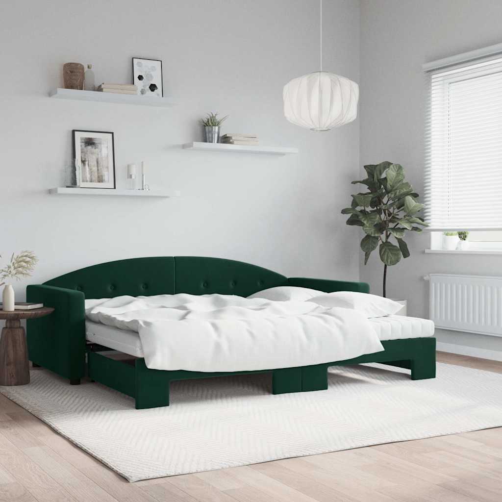 vidaXL Sofa rozsuwana z materacami, ciemnozielona, 90x200 cm, aksamit
