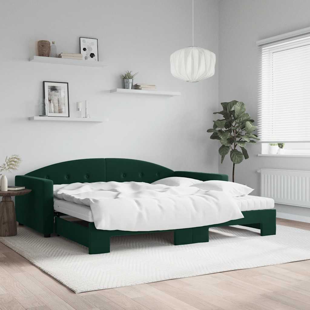 vidaXL Sofa rozsuwana z materacami, ciemnozielona, 100x200 cm, aksamit