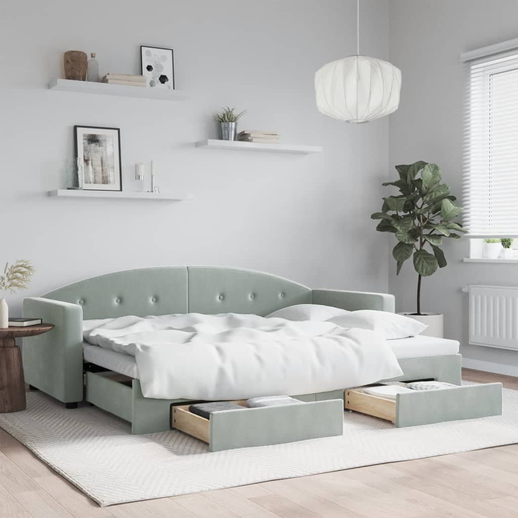 vidaXL Sofa rozsuwana z szufladami, jasnoszara, 80x200 cm, aksamit