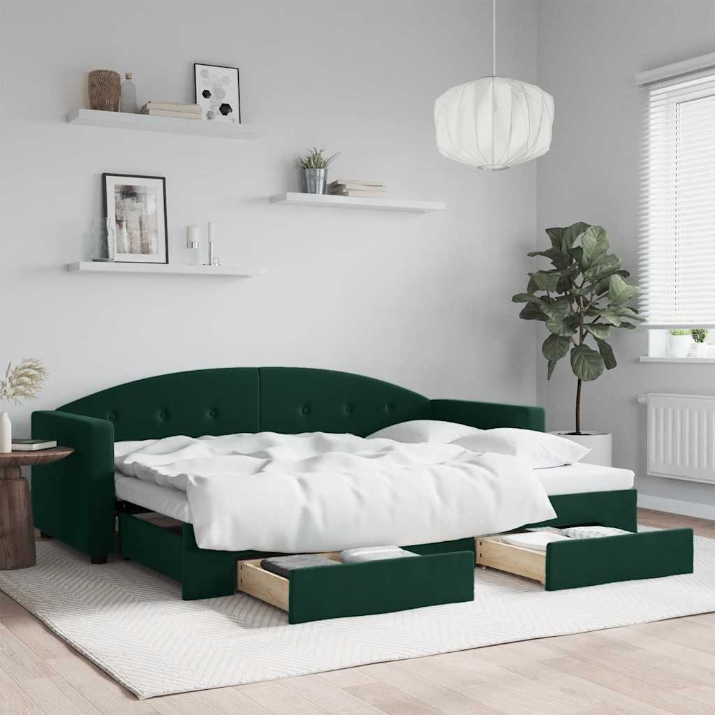 vidaXL Sofa rozsuwana z szufladami, ciemnozielona, 80x200 cm, aksamit