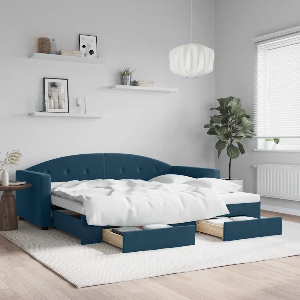 vidaXL Sofa rozsuwana z szufladami, niebieska, 90x200 cm, aksamit