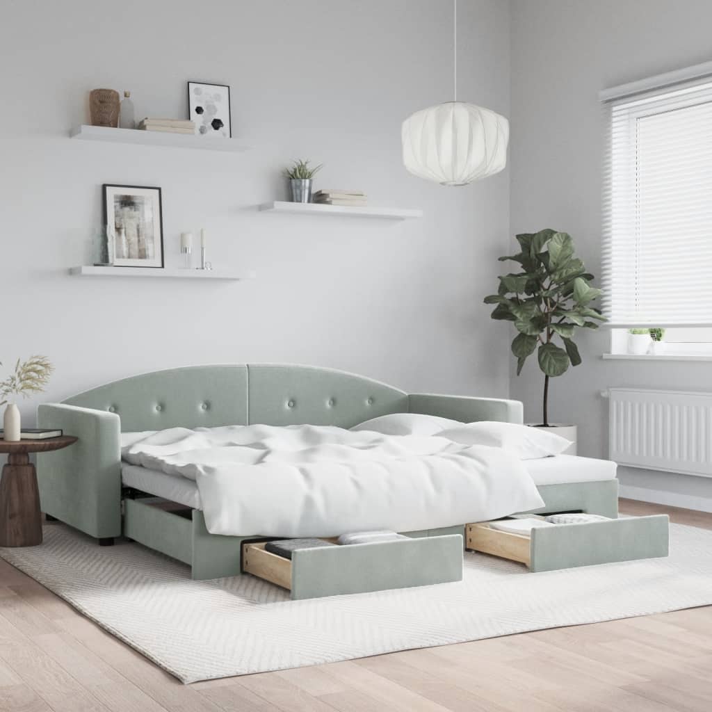vidaXL Sofa rozsuwana z szufladami, jasnoszara, 90x200 cm, aksamit
