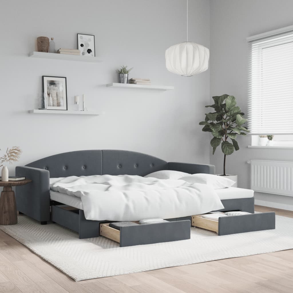 vidaXL Sofa rozsuwana z szufladami, ciemnoszara, 90x200 cm, aksamit