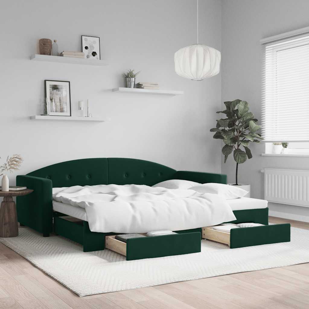 vidaXL Sofa rozsuwana z szufladami, ciemnozielona, 90x200 cm, aksamit
